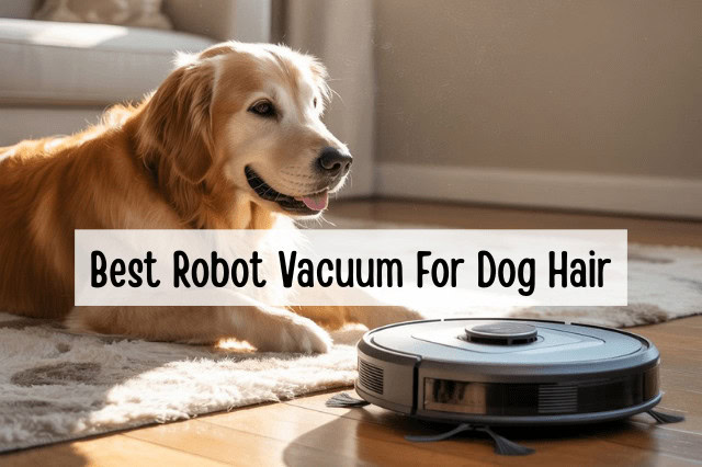 Best Robot Vacuum For Dog Hair - A robot vacuum cleaning around a Golden Retriever.
