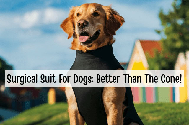 A Golden Retriever wearing a surgical suit for dogs while sitting outside.