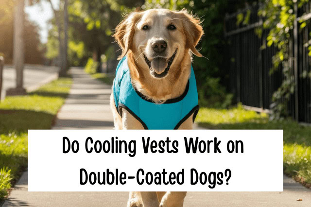 Do Cooling Vests Work On Double-Coated Dogs - A Golden Retriever wearing a dog cooling vest while walking in the summer heat.