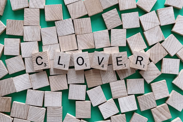 Scrabble tiles arranged to spell the Irish dog name Clover.