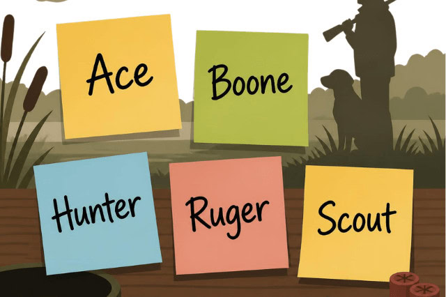 Male hunting dog names including Ace, Boone, Hunter, Ruger, and Scout on post-it notes over a hunting-themed background.