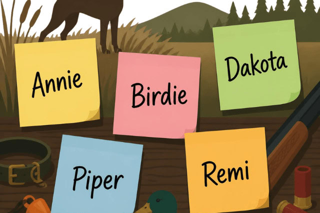 Female hunting dog names including Annie, Birdie, Dakota, Piper, and Remi on post-it notes over a hunting-themed background.